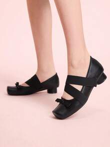 CUCCOO DOLLMOD Women's Black Bowknot Criss-Cross Hook And Loop Strap Square Toe Round Heel Mary Jane Ballet Flats, Retro Classic Style - Black - View 5