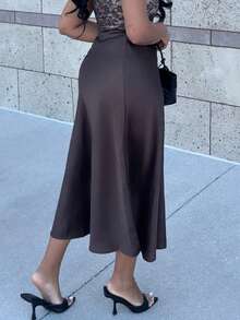 Alexandranx Women's Satin Skirt, Versatile Fish Tail Hem Skirt, Everyday Wear, Brown Skirt - Coffee Brown - View 6