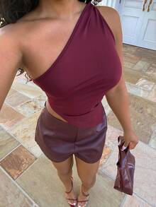 Alexandranx 情人节勃艮第红色扭纹单肩上衣优雅修身女士上衣 - 酒紅色 - 查看 5