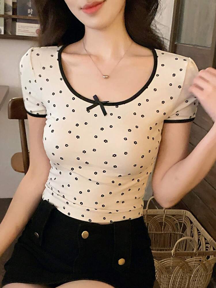 Women's Summer Scoop Neck Printed Short Sleeve Bowknot Decor Casual T-Shirt