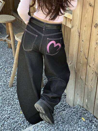 DAZY 女士宽松韩版爱心印花牛仔裤