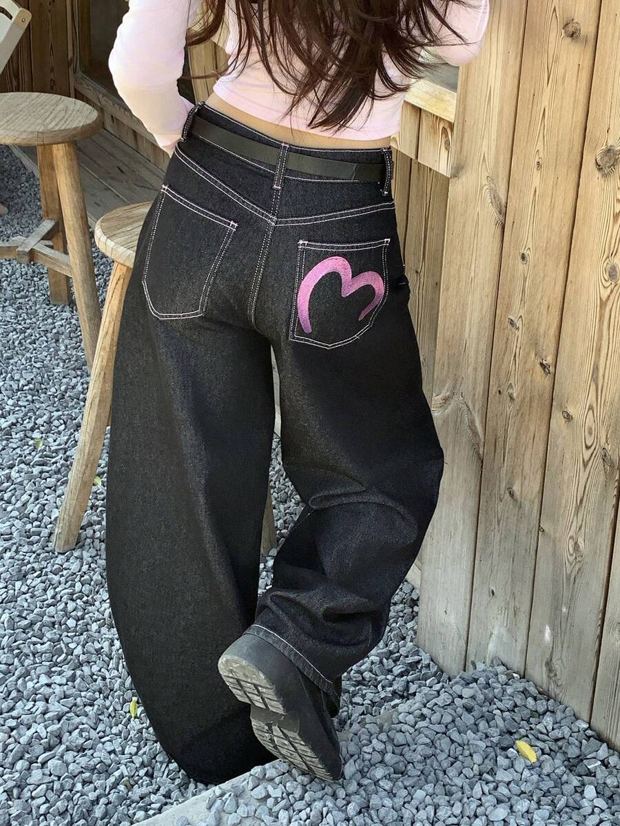 DAZY 女士宽松韩版爱心印花牛仔裤 - 藍色 - 查看 1