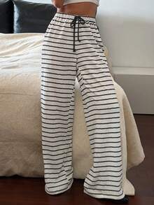 DAZY 女士条纹系带休闲度假裤 - 黑與白 - 查看 5