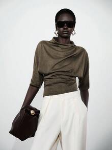 Lumivelle 女士优雅现代翻领薄纱短袖上衣，夏季 - 咖啡棕 - 查看 1