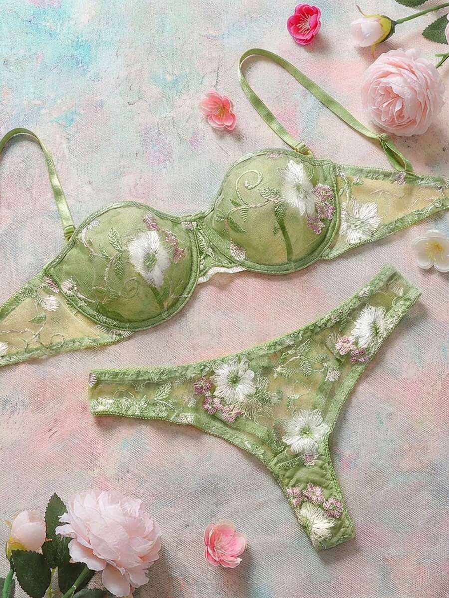两件套花卉刺绣网纱内衣套装（含钢圈文胸和比基尼内裤） - 薄荷綠 - 查看 1
