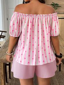 Weeklong Plus Size Off-The-Shoulder Two Pieces Set,Pastel Pink Summer Casual Holiday Shorts Set With Floral Print,Dopamine Style Short Sleeve For Vacation - Multicolor - View 2