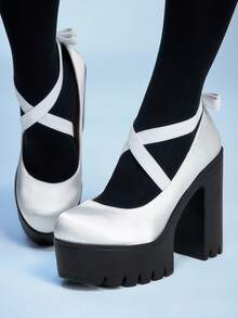 Sugerpunk Women's Fashion Casual High-Heeled Shoes, Punk Style Thick Platform Solid Color Cross Elastic Band Slip-On Bow Decoration Comfortable Nightclub Party Festival Women's Shoes - White - View 5