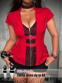 SHEIN CURVE+ 大码女式拉链抽绳休闲百搭约会外出短袖衬衫 - 紅色 - 查看 1
