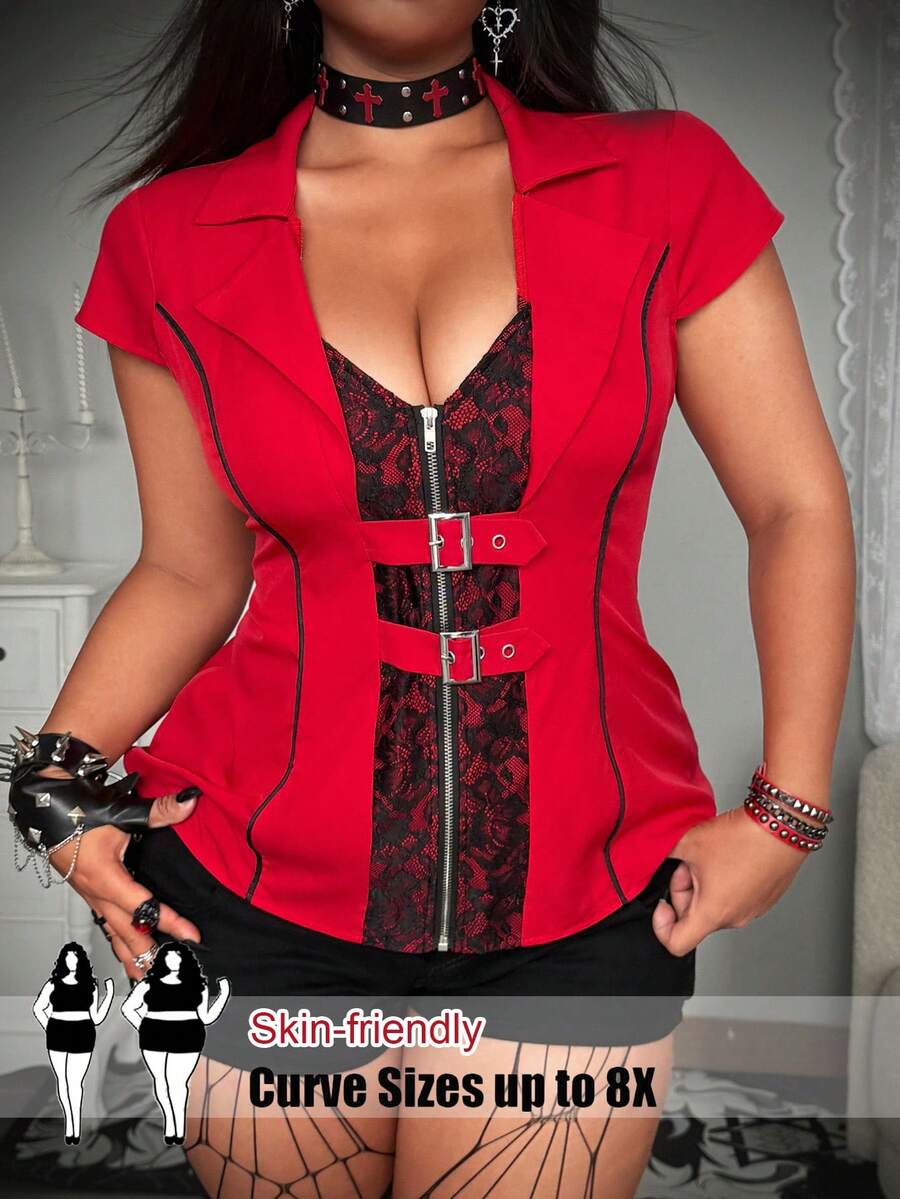 SHEIN CURVE+ 大码女式拉链抽绳休闲百搭约会外出短袖衬衫 - 紅色 - 查看 1