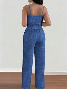 EMERY ROSE Conjunto de duas peças plus size feminino: blusa regata casual para férias e calça pantalona com amarração na cintura. - Azul - Ver 2