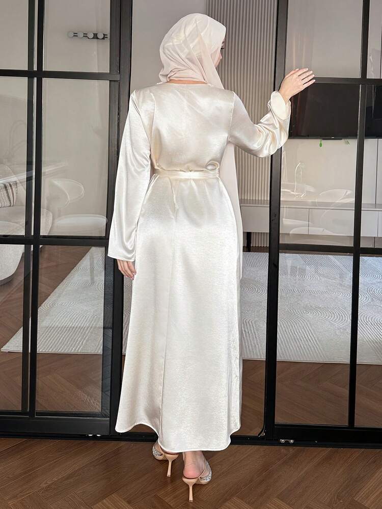 Women's Elegant Lace Patchwork Belted Loose Dress With Headscarf, 2 Pieces Set, Spring/Summer