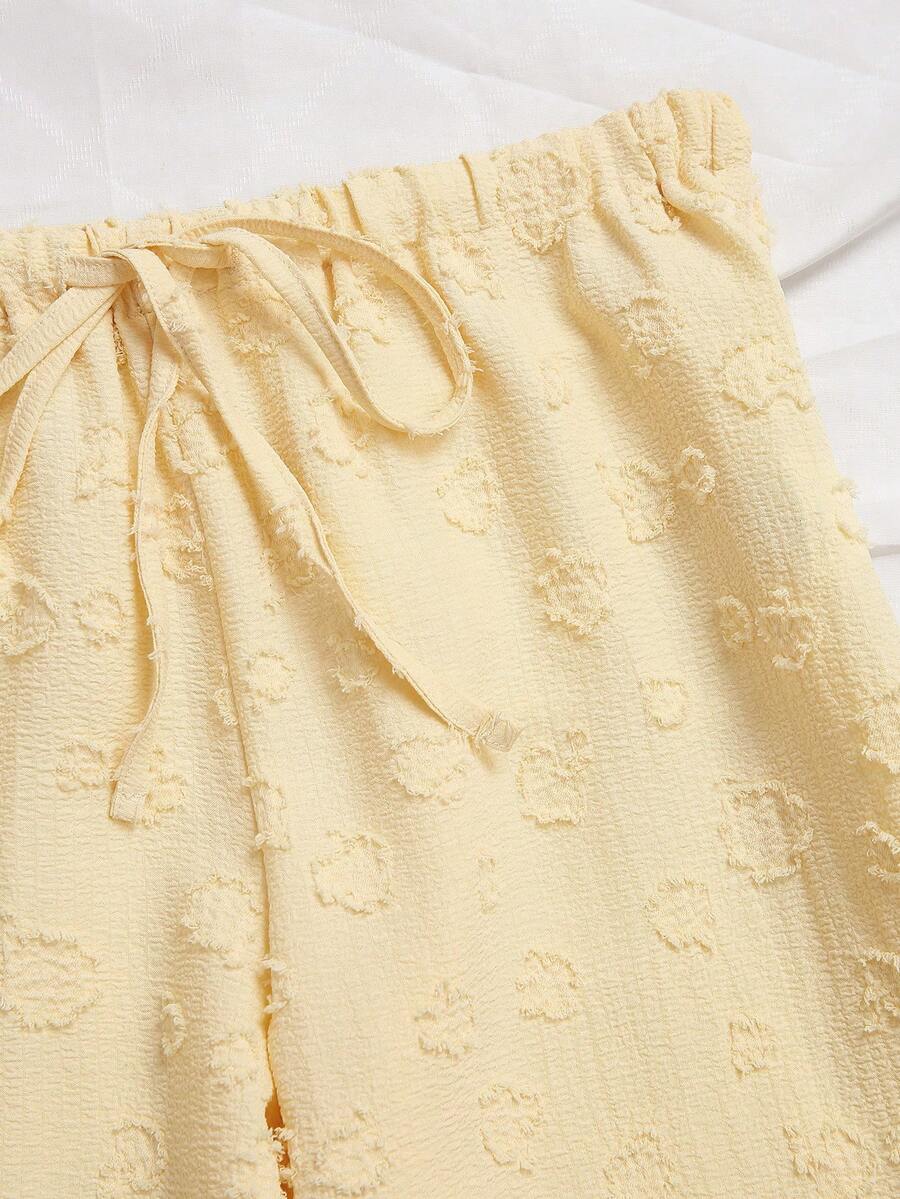 Elamini 1pc Women's Sweet Romantic Waist Tie Elastic Waist Jacquard Design Low Waist Casual Straight Leg Pants, Suitable For Home, Daily, Office, Dating, Travel, All Seasons, Sunshine Yellow - Yellow - View 1