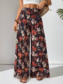 SHEIN Holidaya Women's Black Floral Boho Smocked High Waist Pants,Autumn Leaf Print Wide Leg Long Trousers,Casual Holiday & Vacation Fashionable Summer Pants - Black - View 6