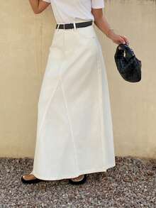 DAZY 女士常规高腰A字中长牛仔裙，优雅都市休闲度假风 - 白色 - 查看 3