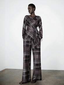 Lumivelle Women's Dark Grey Plaid 2 Pieces Set,Autumn Elegant Dining Outfit,Wrap-Style Draped Collar,Waist Ruching,High-Waisted Wide-Leg Straight Pants,Retro - Multicolor - View 3