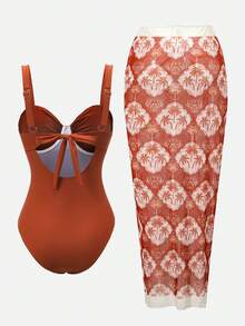 Swim Oasis Women's Beach Vacation Jumpsuit & Cover-Up Skirt Set - Brown - View 2