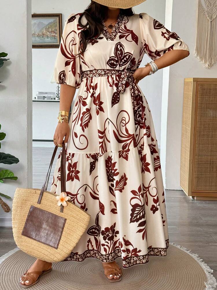 Vionelle Vestido bohemio de talla grande con cuello en V, manga corta, cintura ceñida y falda acampanada con estampado - Marrón - Añade 6