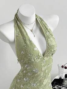 Elamini Women's Casual Sexy Halter Neck Tie Sequin Jacquard Mini Dress - Green - View 1