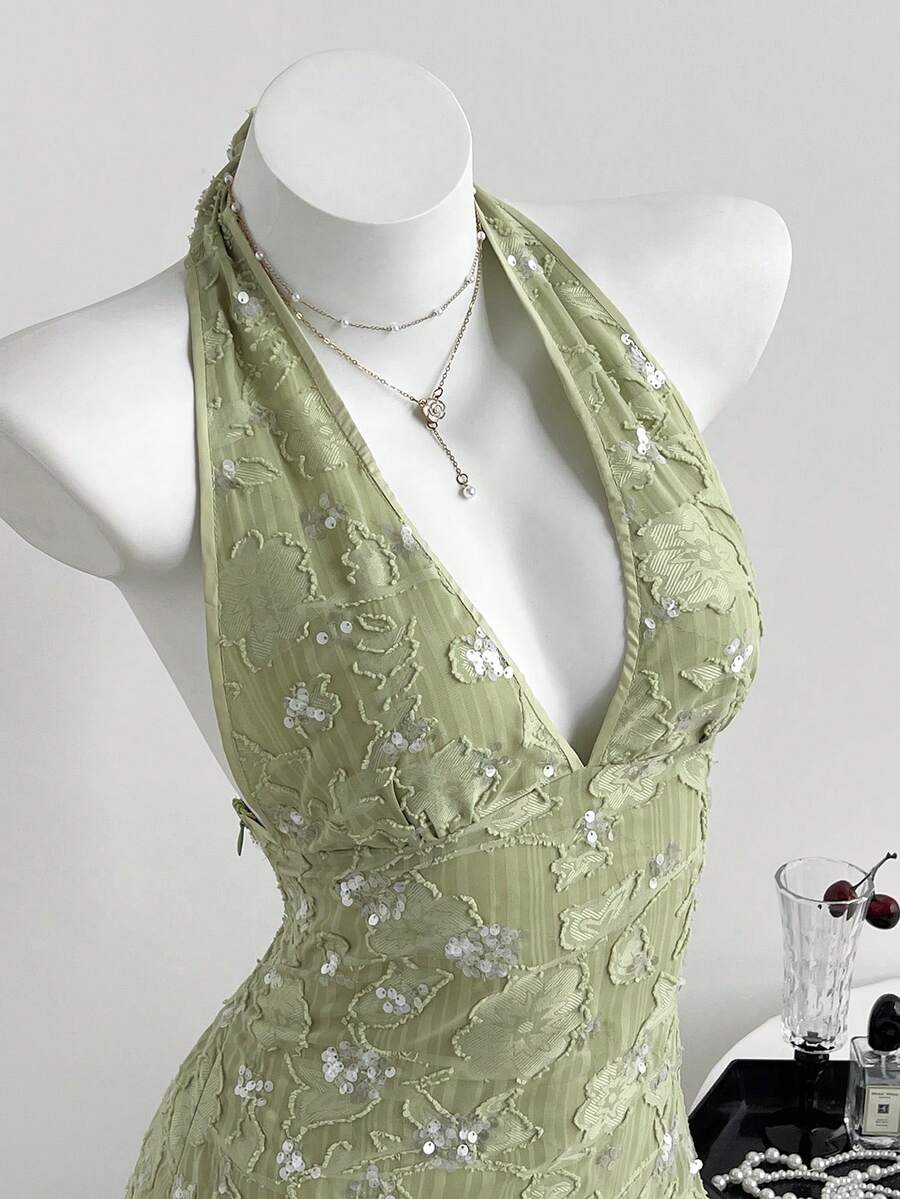 Elamini Women's Casual Sexy Halter Neck Tie Sequin Jacquard Mini Dress - Green - View 1