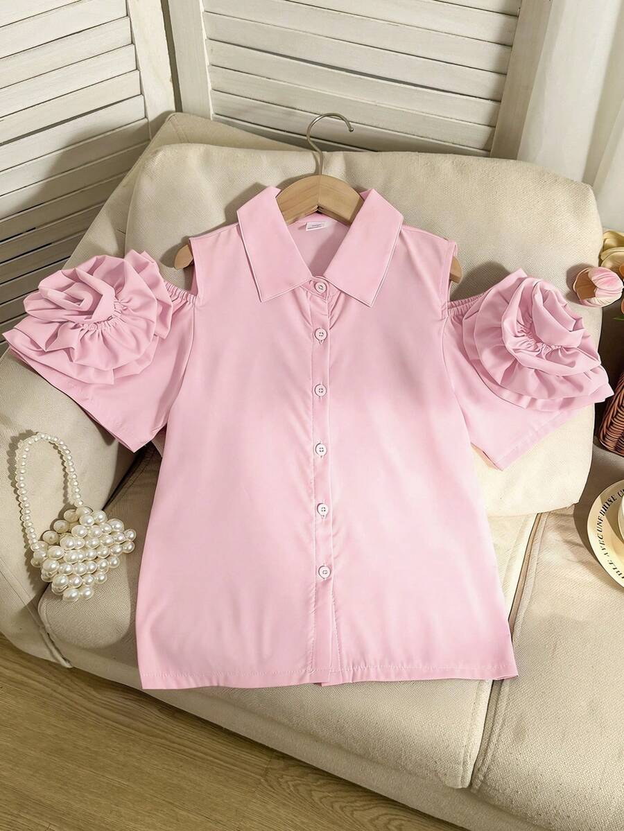 SHEIN 少女纯色3D立体花卉装饰露肩单排扣衬衫 - 粉色 - 查看 1