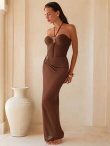 Swim Chiccia 时尚性感露背系带不对称圆领装饰连体泳衣，高开衩裙摆，适合春夏穿着 - 咖啡棕 - 查看 4