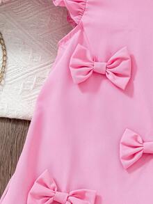 Elladie kids 1件女童夏季新款圆领A字荷叶袖褶裥前摆蝴蝶结后背钥匙孔休闲复古连衣裙，红色 - 粉色 - 查看 4