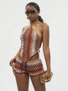 Modviera Retro Lace-Up Halter Neck Sleeveless Top For Women, Colorful Crochet Texture Scarf Decor, Slimming Bohemian Style - Multicolor - View 5