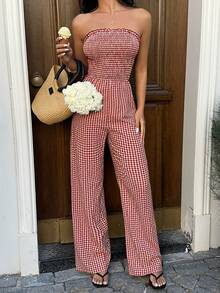 Sunnyshic Bộ jumpsuit ống rộng, lưng trần, chất liệu vải jacquard kẻ caro đỏ trắng, thích hợp cho nữ mùa xuân/hè, phong cách bohemian, thanh lịch, lãng mạn, tối giản và mặc hàng ngày. - Đỏ và trắng - Xem 4