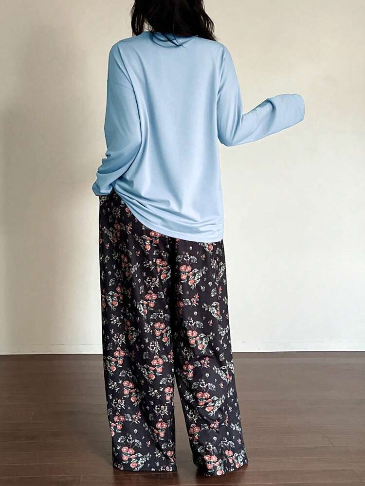 2pcs Loose Solid Color Long Sleeve T-Shirt & Floral Print Straight Leg Long Pajama Pants Set, Women Spring Sleepwear