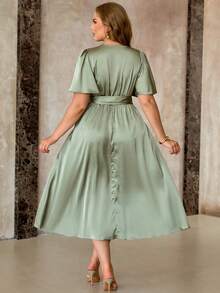 Roveilla Robe midi pour femmes grandes tailles en satin unicolore, col V, taille cintrée, dos croisé avec lien élastique, manches bouffantes. Élégante, style vintage français romantique et minimaliste. Convient pour le bureau, les déplacements, les affaires, le casual, la plage, le quotidien, les mariages, les fêtes. - Militaire verte - Voir 2