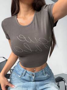 valorelle valorelle Maglietta casual da strada, sexy, retrò in stile Y2K, con elementi di strass, a collo rotondo, a maniche corte, aderente e corta - Grigio - Visualizzare 4