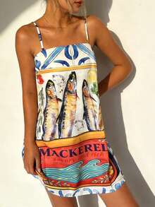 Vaclyn Đầm hai dây ngắn nữ in chữ và hình cá, thích hợp cho kỳ nghỉ, hẹn hò, đi chơi. - Nhiều màu - Xem 3