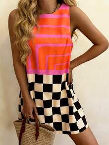 INAWLY Women's Checkered Patchwork Sleeveless Dress - Multicolor - View 6
