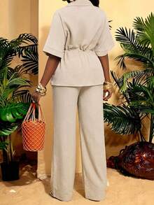 SHEIN VaVaLuxe 2pcs Linen Blend Short Sleeve Tie-Waist Casual Shirt And Elastic Waist Straight Leg Pants Set, Spring/Summer - Apricot - View 2