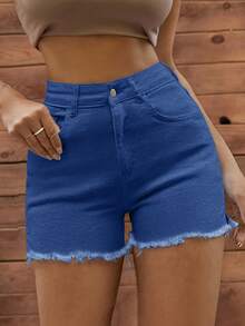 EURMUSE 98Cotton RAW HEM Dark Blue MINI SHORT SLIT DETAIL Everyday Summer Street Wear - Blue - View 3