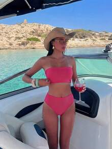 Swim Mod 2026 Special Fabric Spring/Summer Women's Halter Backless Tie Fuchsia Side High Cut 2 Pieces Bikini Swimsuit - Hot Pink - View 1