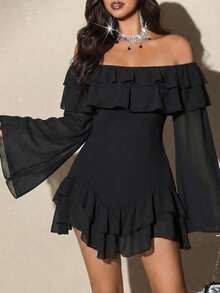 Elenzga Đầm mini dáng xòe dài tay, ôm sát, chất liệu chiffon mềm mại, thanh lịch, lãng mạn, phối màu đen trắng dành cho nữ cỡ lớn, thích hợp cho mùa xuân/thu. - màu đen - Xem 5