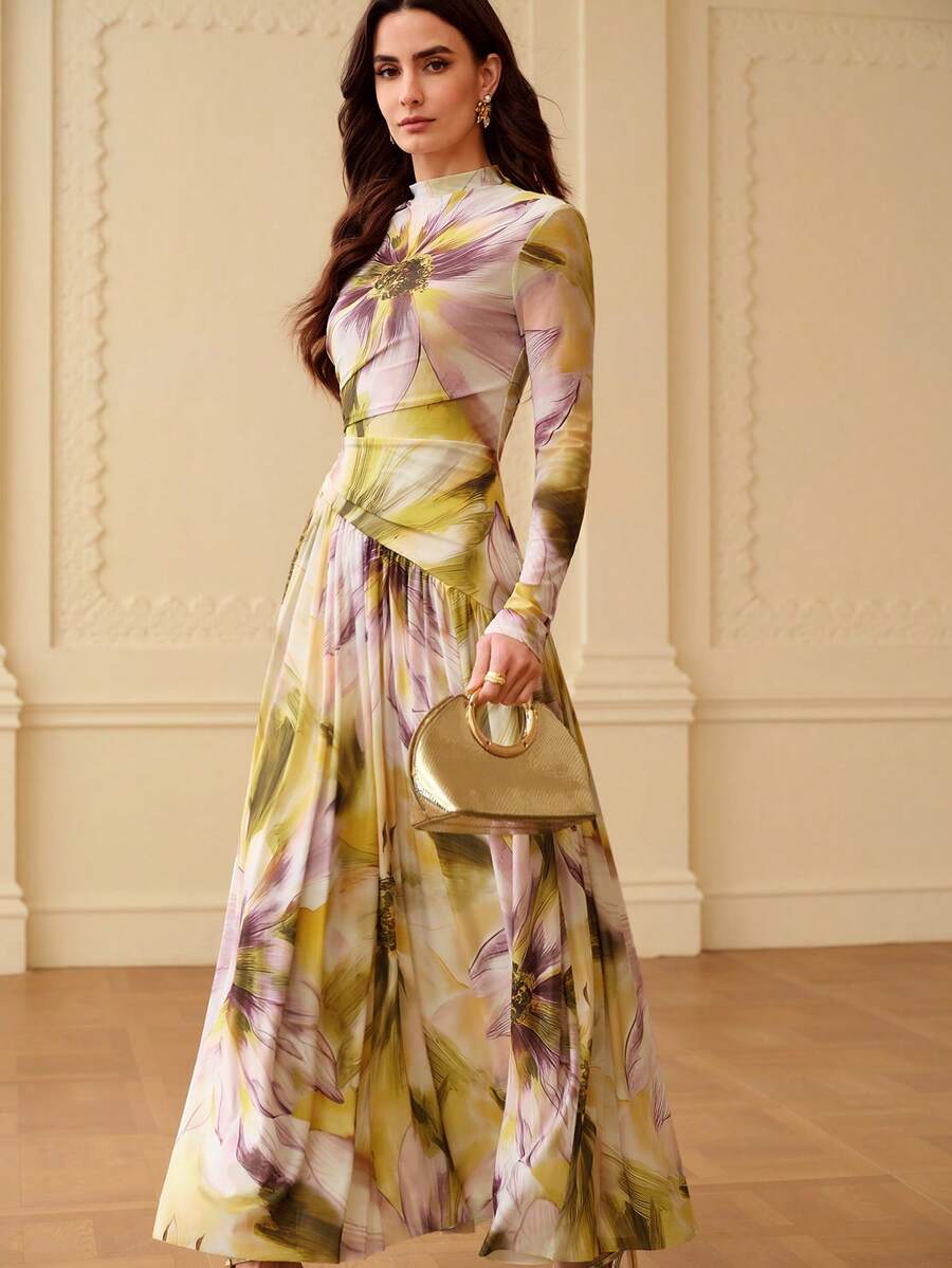 ZEYLAH Elegant Knit Mesh Printed Ruched Fitted Dress, Spring/Summer - Light Yellow - View 1