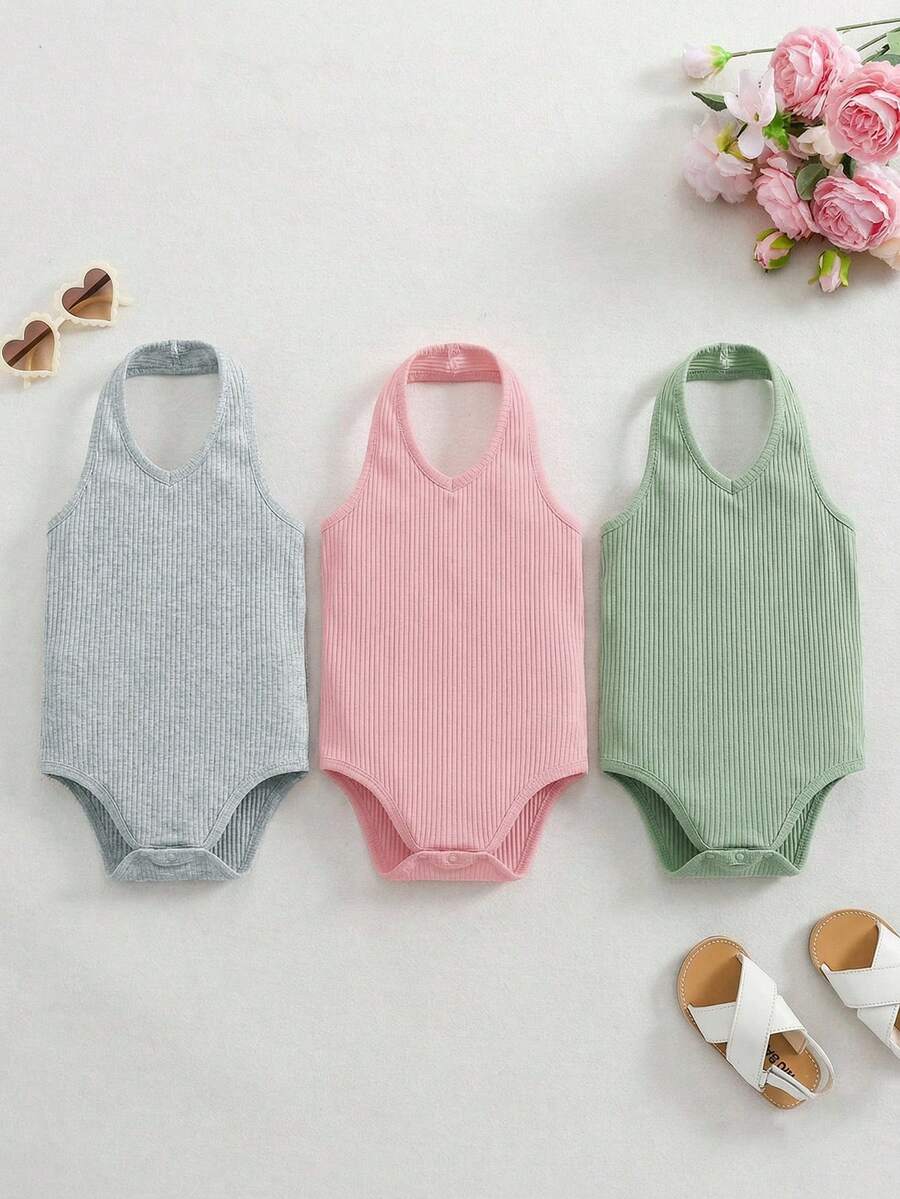 SHEIN 3件套可爱纯色针织吊带连体衣，女婴夏季款 - 彩色 - 查看 1