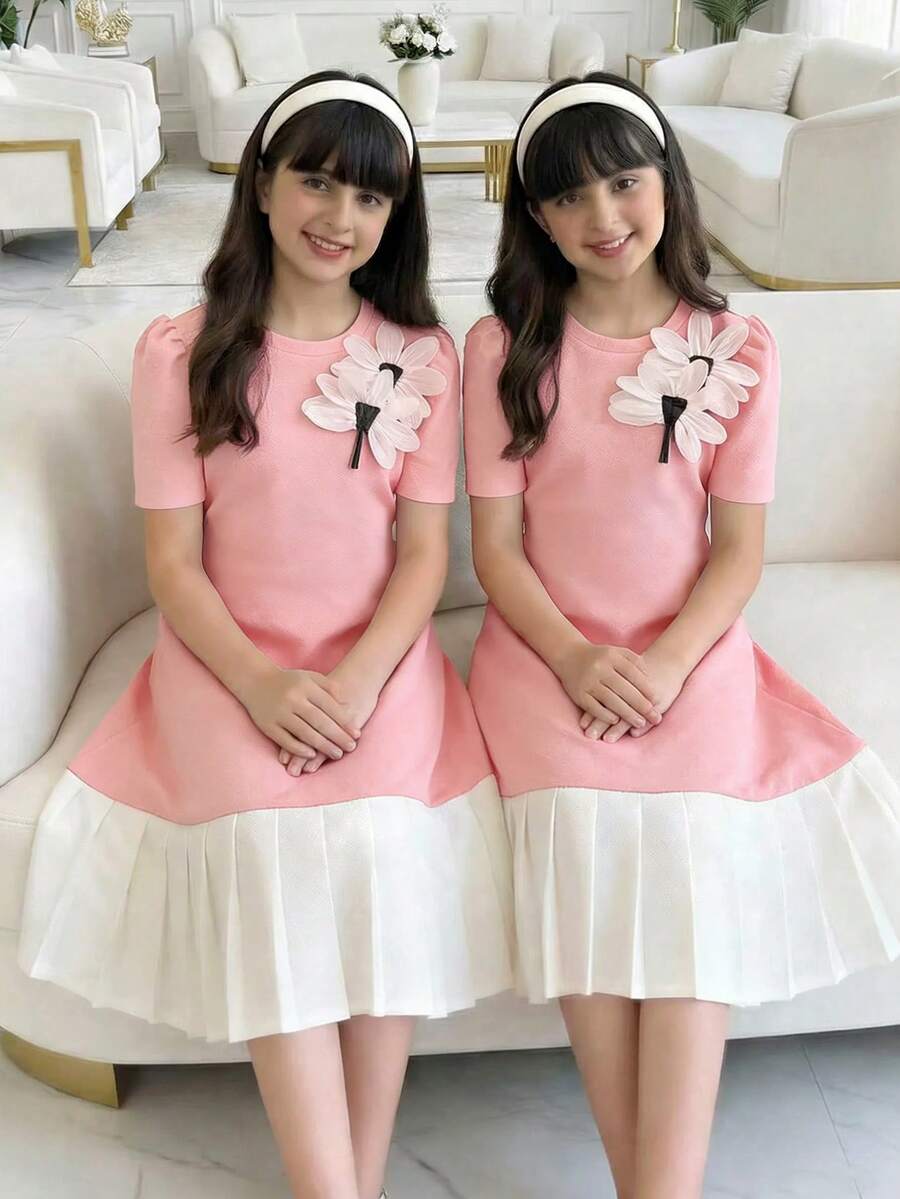 1件少女蝴蝶结褶皱短袖连衣裙,宽松版型,春夏款 - 彩色 - 查看 1