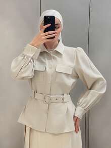 DAZY Women's Casual White Pocket Petal Sleeve Belted Shirt, Spring - Beige - View 1