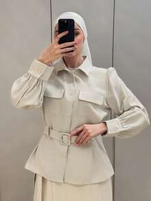 DAZY Women's Casual White Pocket Petal Sleeve Belted Shirt, Spring - Beige - View 8