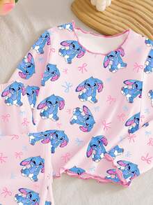 一套女童兔子蝴蝶印花荷叶边休闲长袖睡衣套装 - 灰色 - 查看 3