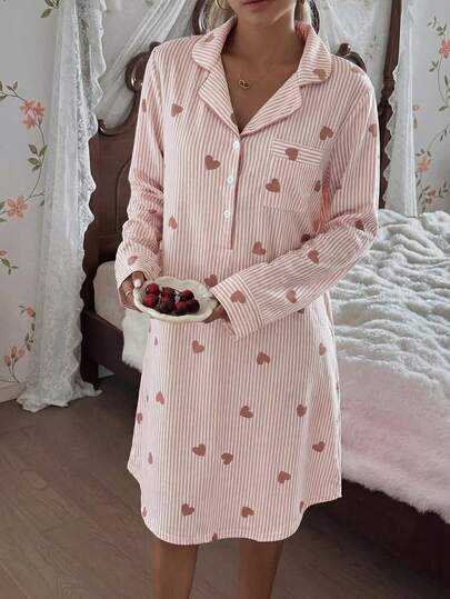 SHEIN Collared Striped Heart Print Cute Long Sleeve Women Nightgown