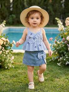 SHEIN Vintaside Kids 2pcs/Set Baby Girl Spring&Summer Casual Style,Plain Sleeveless Slip Top&Bowknot Decoration Short Jeans - Blue - View 1
