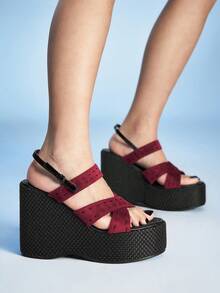 Sugerpunk Damen Sandalen mit dicker Sohle, offene Zehenplattform Keilabsätze, Modeschuhe - Bordeaux - Übersicht 1