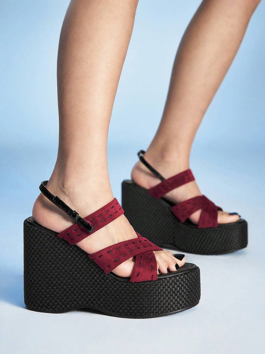 Sugerpunk Damen Sandalen mit dicker Sohle, offene Zehenplattform Keilabsätze, Modeschuhe - Bordeaux - Übersicht 1