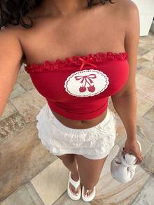 Alexandranx 夏季休闲樱桃印花抹胸 Y2K 图案 T 恤女式上衣、Rave 上衣、抹胸 - 紅色 - 查看 5