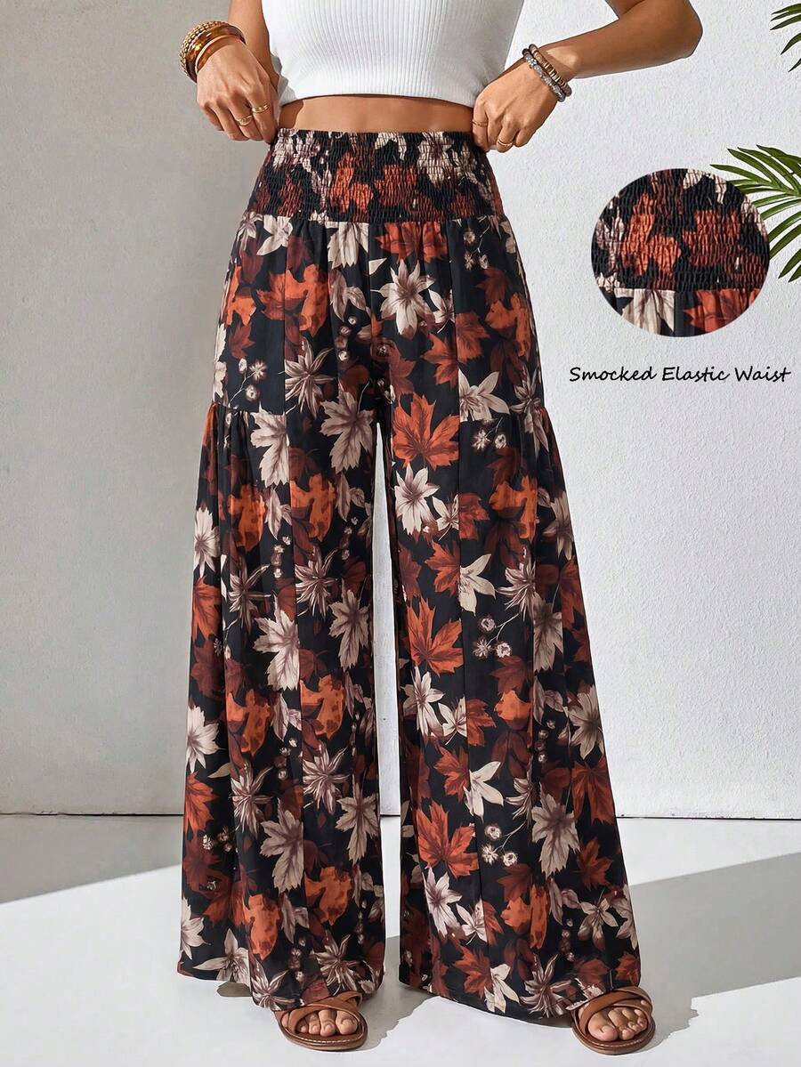 SHEIN Holidaya Women's Black Floral Boho Smocked High Waist Pants,Autumn Leaf Print Wide Leg Long Trousers,Casual Holiday & Vacation Fashionable Summer Pants - Black - View 1