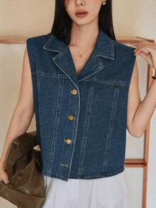 Áo khoác denim ngắn không tay cổ bẻ dáng casual dành cho nữ - Rửa tối - Xem 3